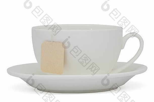 杯茶茶袋空白标签孤立的白色背景剪裁路径