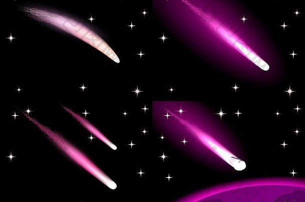 明亮的彗星紫罗兰色的颜色陨石飞行背景地球布满星星的天空集孤立的黑色的背景插图