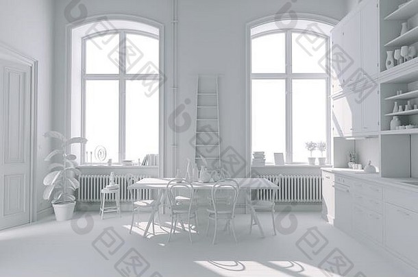 带两扇大窗户的漂亮厨房的3d渲染