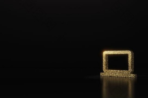 笔记本电脑3D渲染的金色闪光符号，背景为深黑色，反射模糊，闪烁