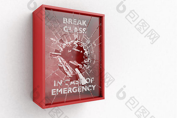 一个空的红色应急箱，在一个孤立的背景上，正面有一块破碎的应急玻璃-3D渲染