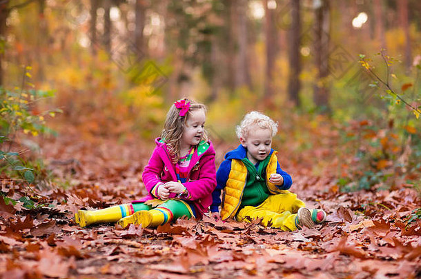 快乐孩子们玩美丽的秋天公园冷阳光明媚的秋天一天孩子们温暖的夹克玩金叶子