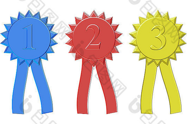 第一名、第二名和第三名获奖彩带插图，颜色活泼。