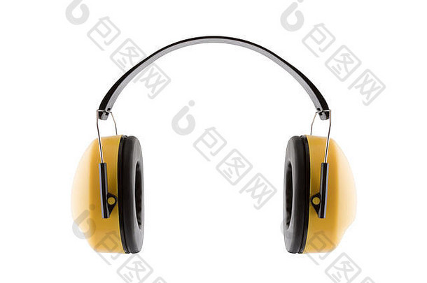 防止噪音。听力保护白色背景上隔离的黄色耳罩