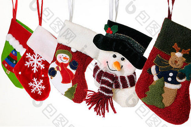 集合独特的圣诞节长袜雪人泰迪熊雪片装饰树挂白色背景