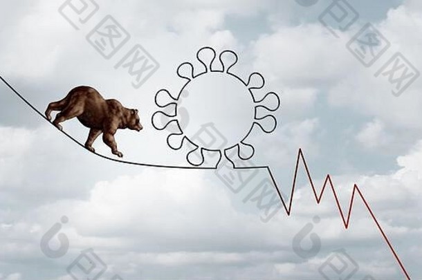 熊市场病毒流感大流行爆发业务概念<strong>金融风险</strong>悲观股票市场象征紧绳子形状的病毒