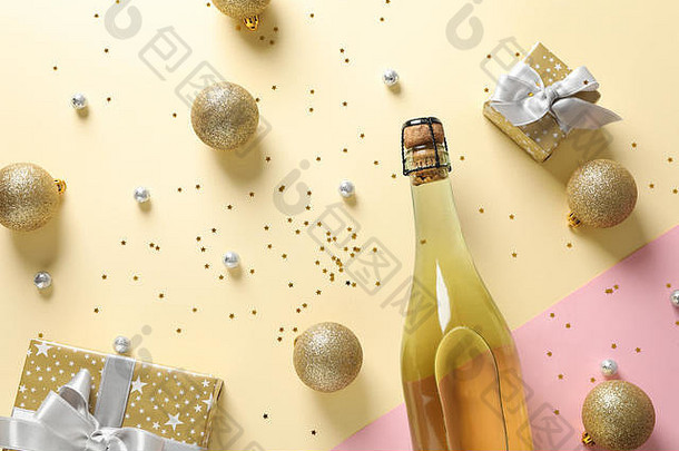 香槟瓶圣诞节装饰<strong>物语</strong>气背景前视图