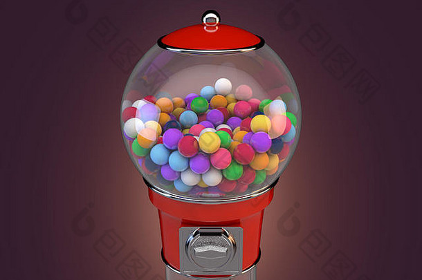 一台红色复古口香糖点胶机，在一个孤立的深色背景上装满五彩口香糖-3D渲染