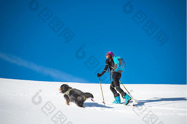 女孩滑雪登山者山盐狗伯恩山狗雪