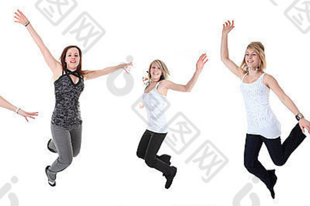 完整的长度工作室照片有吸引力的女人跳空气