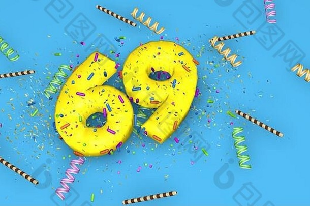 生日、周年纪念日或促销活动的69号，在蓝色背景上用厚厚的黄色字母书写，用糖果、彩带、巧克力吸管和糖果装饰