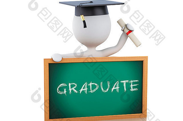 白人带着毕业证书、毕业帽和黑板毕业。孤立的白色背景。3d渲染器插图。
