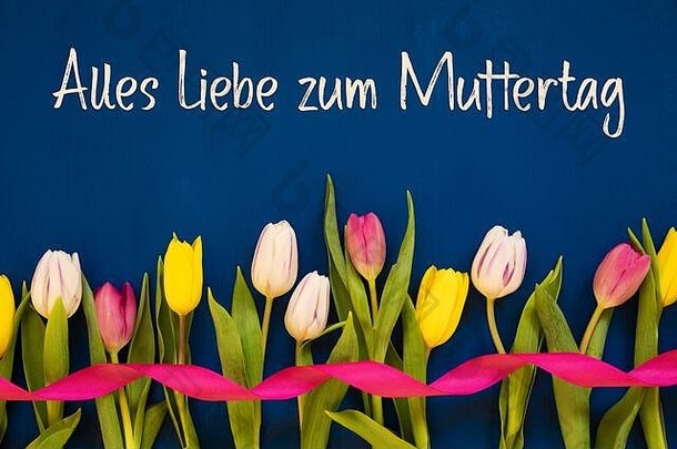 TulipAlles Liebe Zum Muttertag的意思是母亲节快乐，丝带，蓝色背景