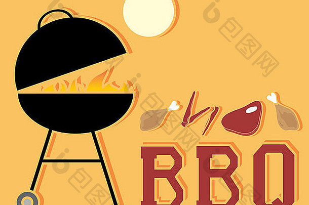 这是一个抽象的烧烤广告的插图，在橙色背景下，在黄色的阳光下烤火和肉片