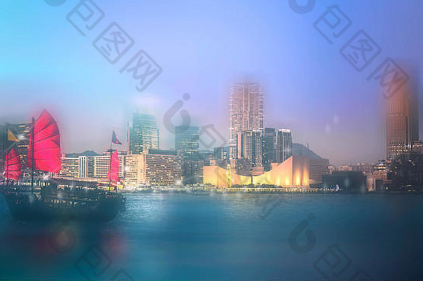 摘要散景光在香港香港城市晚上视图背景双曝光