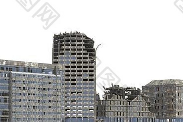 白色3D插图上孤立的废墟建筑