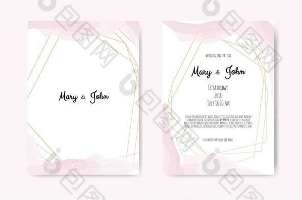 婚礼邀请函，带有抽象水彩风格的装饰，在白色背景上用浅嫩的粉灰色装饰。
