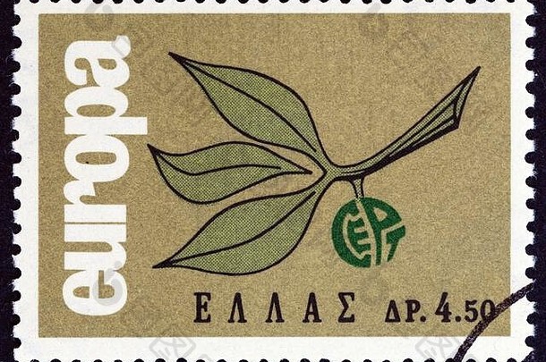 希腊——大约1965年：希腊发行的欧罗巴邮票上印有大约1965年的欧罗巴小枝。