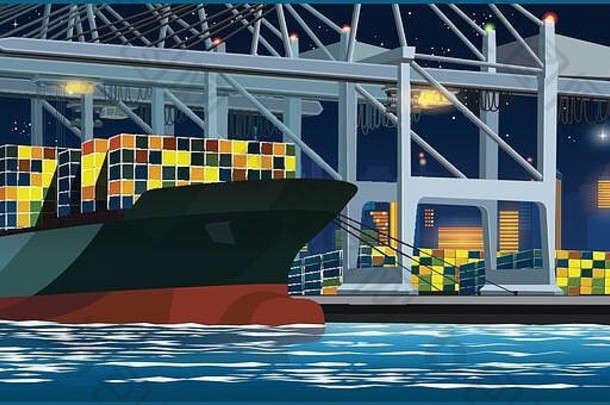 夜间用大型港口起重机将集装箱装载到港口的集装箱船上
