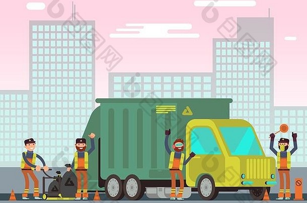 垃圾管理和城市垃圾收集，以实现环卫工人、垃圾车和垃圾箱的循环利用。垃圾和垃圾车，垃圾箱图示