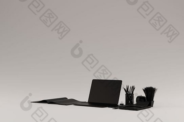 黑色当代热桌办公室设置笔记本电脑手机记事本钢笔杂志计算器Bull clips 3d插图3d渲染