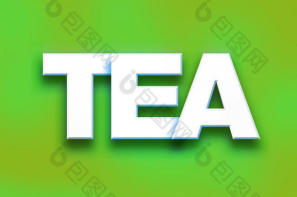 “茶”这个词是在色彩丰富的背景概念和主题上用白色3D字母书写的。