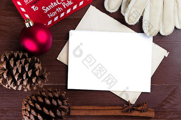 信封空白纸棕色（的）木背景信圣诞老人老人圣诞节冬天设置手套小玩意树视锥细胞