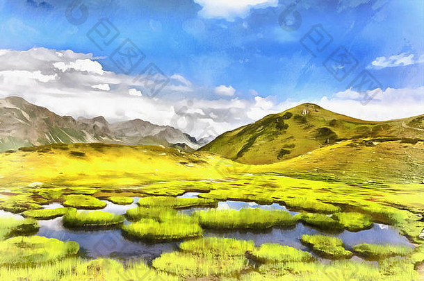 美丽的风景景观山湖阳光明媚的一天色彩斑斓的绘画