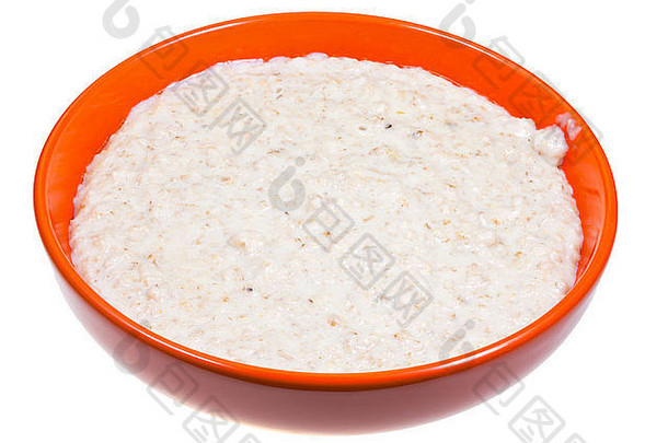 英国燕麦粥，牛奶装在橙色碗中，白色背景