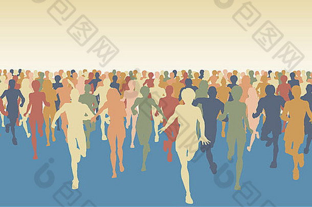一大群人奔跑的彩色插图