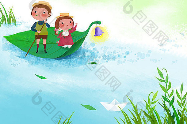 水里树叶上的男孩和女孩