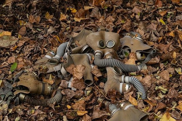 切尔诺贝利灾难后果期间使用的剩余防毒面具。乌克兰切尔诺贝利