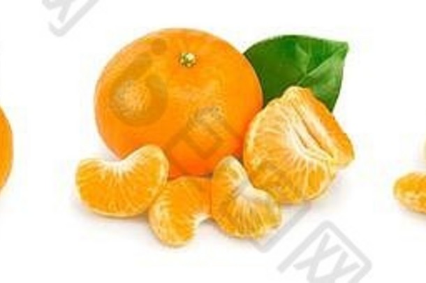 橘子或柑橘类水果，叶孤立于白色背景上。设置或收集。