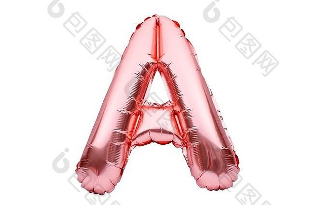 字母A由玫瑰金制成的充气氦气球隔离在白色的地面上。金粉箔气球字体是全字母大写字母集的一部分。