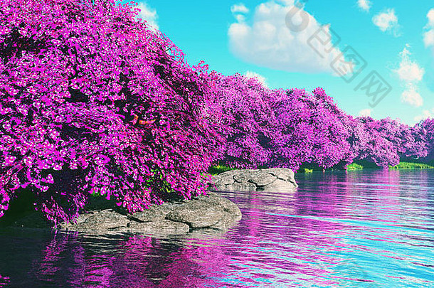 神秘的樱花湖日本花园3D渲染