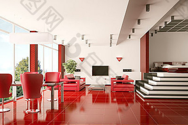 现代公寓红色的平铺的地板上室内全景渲染