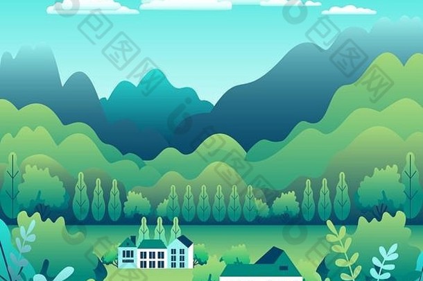 山山景观房子农场平风格设计户外全景农村插图绿色场树森林蓝色的天空太阳