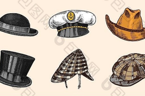 夏季复古帽子系列，适合优雅的男士、女士、女士。Fedora Derby Deerstalker Homburg Bowler稻草贝雷帽牛仔船长Porkpie Boater。复古时尚套装。英国风格。手绘