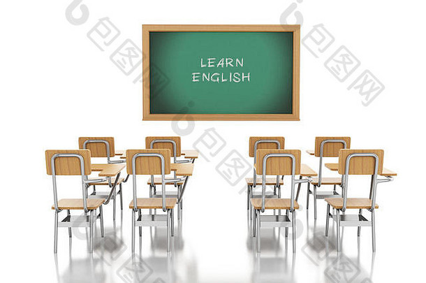 3d渲染器图像。教室里有椅子和黑板。教育理念。孤立的白色背景。