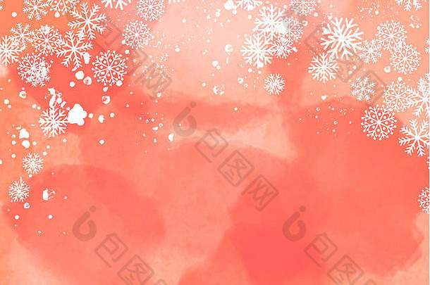 水彩画用红色描绘了抽象的冬季景观，其中有雪花和雪晶。使用拷贝空间。计算机生成。
