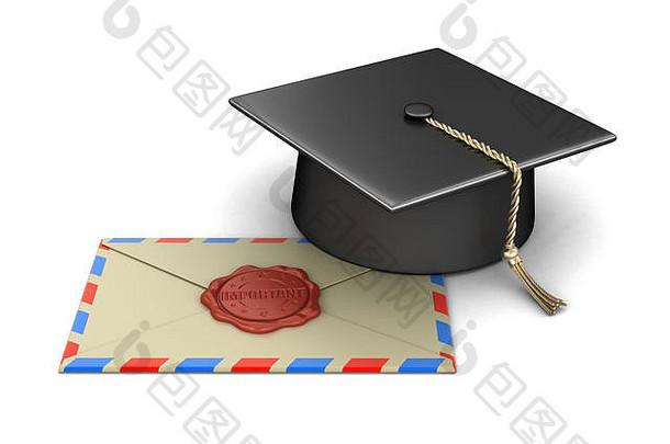 带蜡印的毕业帽和字母。具有剪切路径的图像