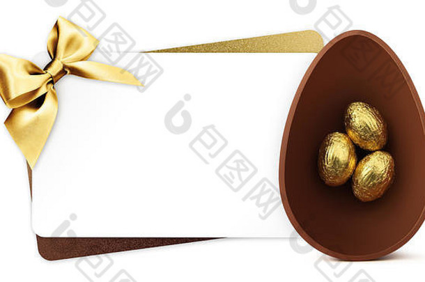 复活节礼品卡，白色背景上有巧克力复活节彩蛋和金色丝带蝴蝶结