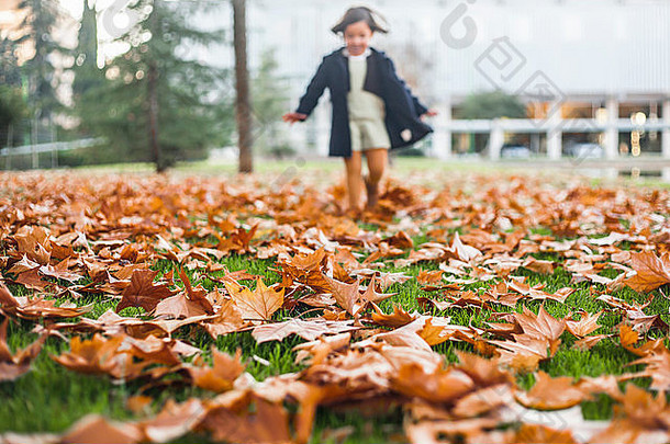 快乐的小女孩在公园里玩秋叶。她正在秋天公园里的黄叶上散步
