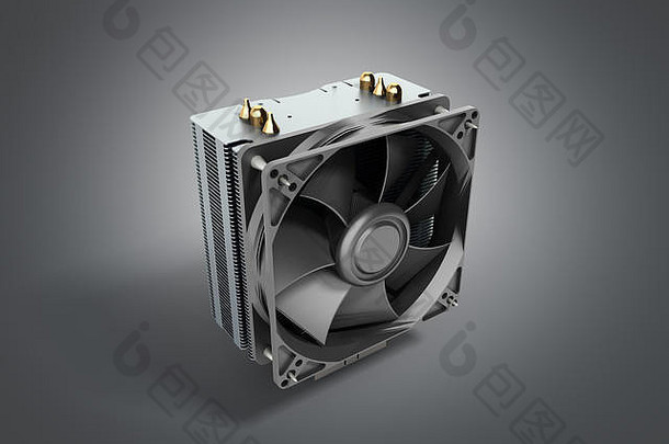带有铝翅片散热器和风扇的有源CPU冷却器3d渲染为灰色