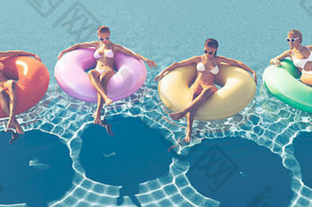 游泳池中妇女在浮子上游泳的3D插图。