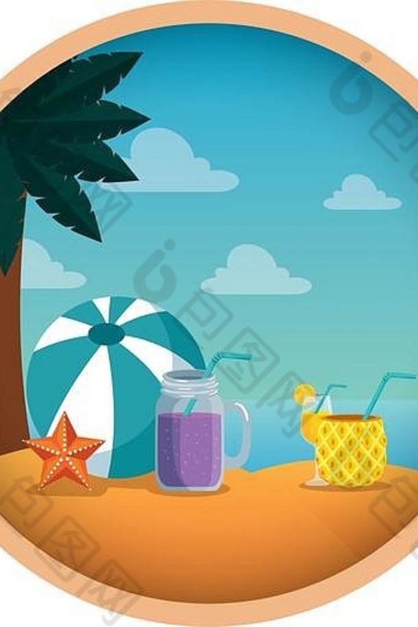 夏日海滩海景，鸡尾酒和气球