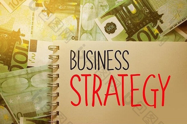 商业策略文字写在百欧元背景上的宣传页上。战略管理理念