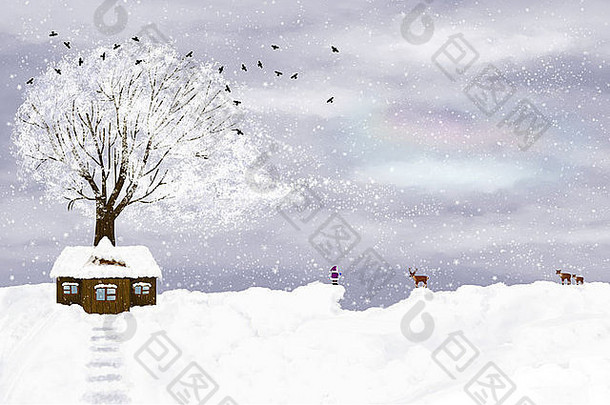 冬天插图女孩鹿孤独的房子树