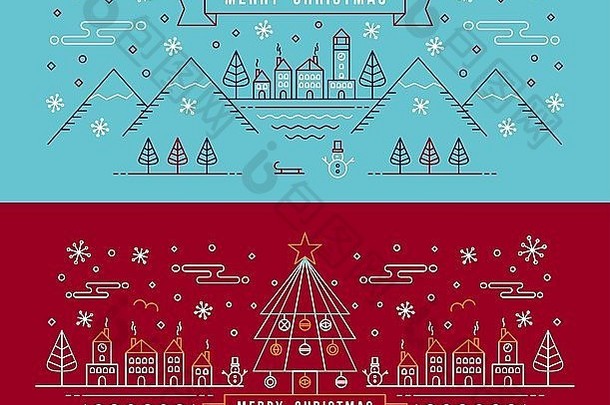 “圣诞快乐”横幅，轮廓为线形。有雪人、圣诞树和寒假元素的城市。EPS10载体。