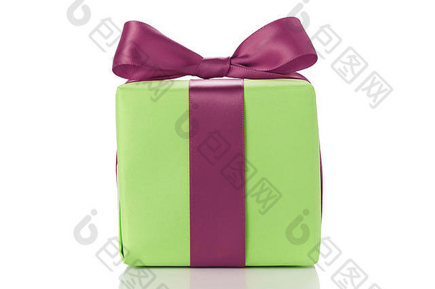 小绿色礼物盒子红色的丝带弓孤立的白色